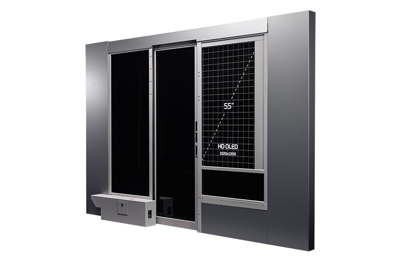 Smart partition with a 55 inch OLED display integrated.