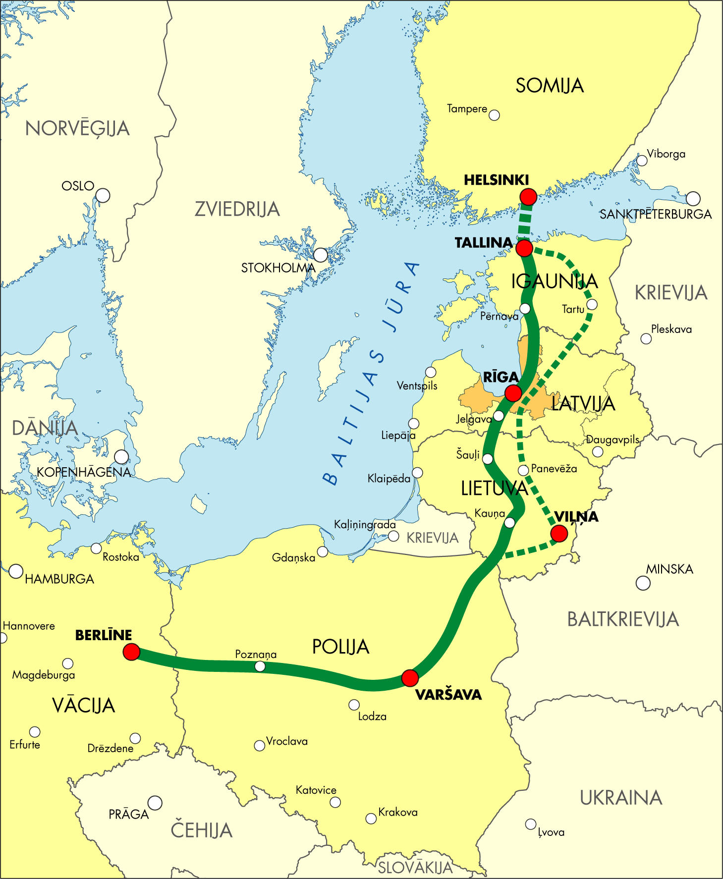 The Rail Baltica railway line map