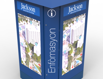 Nanov Architectural LCD Sign – Jackson Memorial Hospital Sign, 75 Multi-Sided, Interactive Touch Screen Kiosk