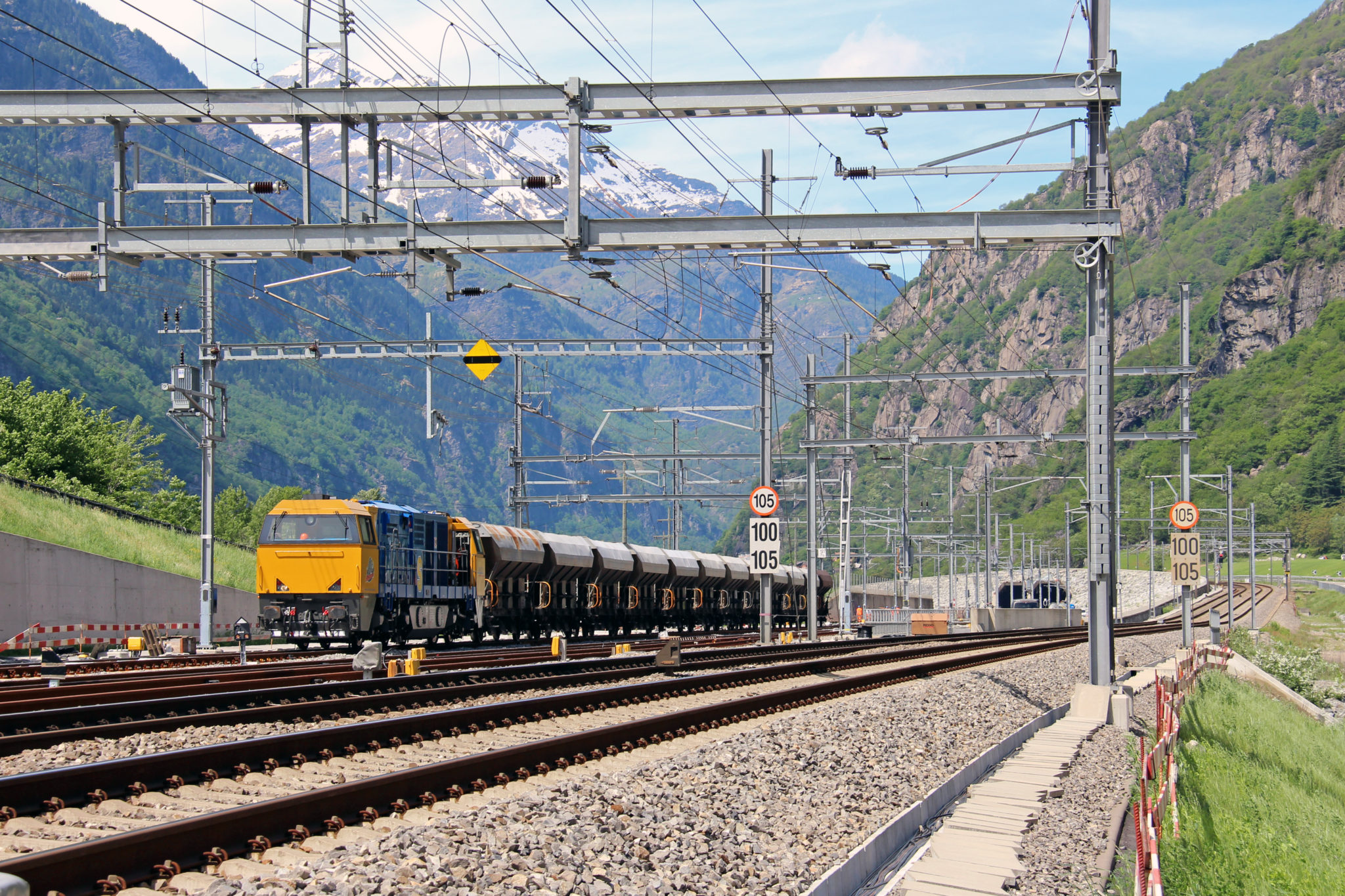 Freight train on the New Railway Link through the Alps 