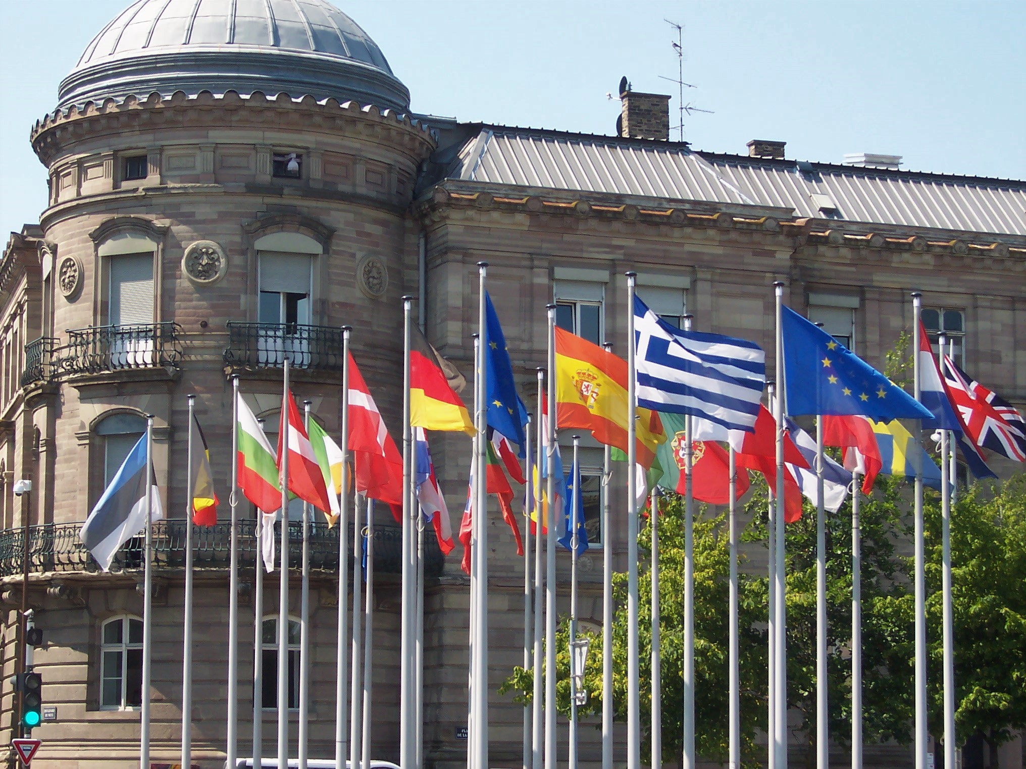 EU flags outside Strasbourg station