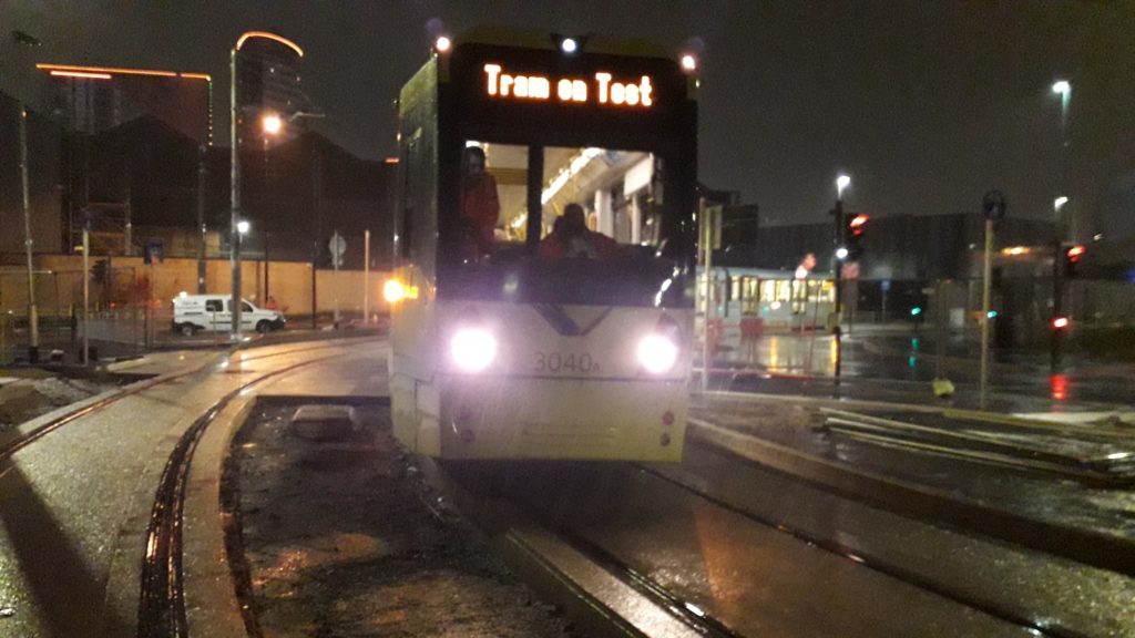 Infrastructure First Test Tram on Manchester's Trafford Park Line The first test tram - railway-news.com