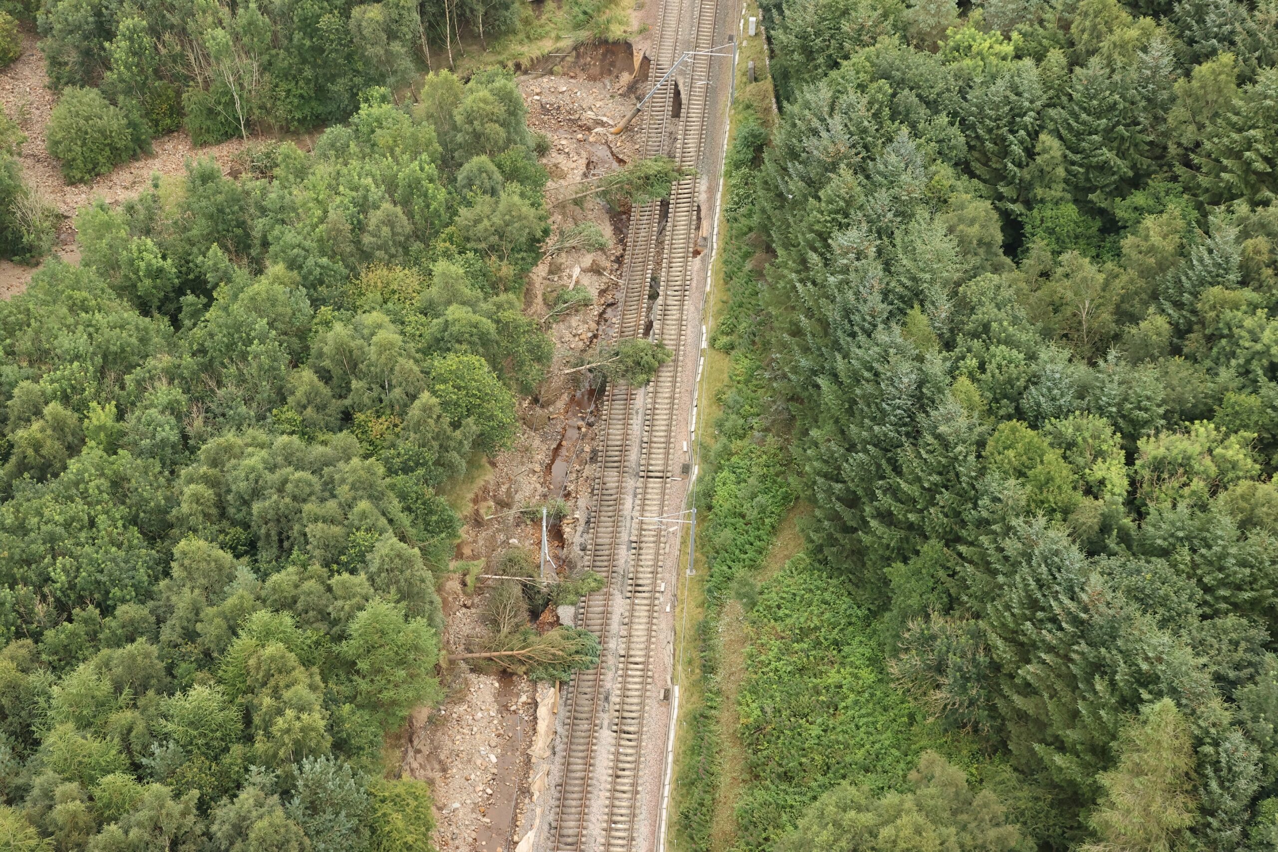 Aerial view of Glasgow Edinburgh railway line flooding