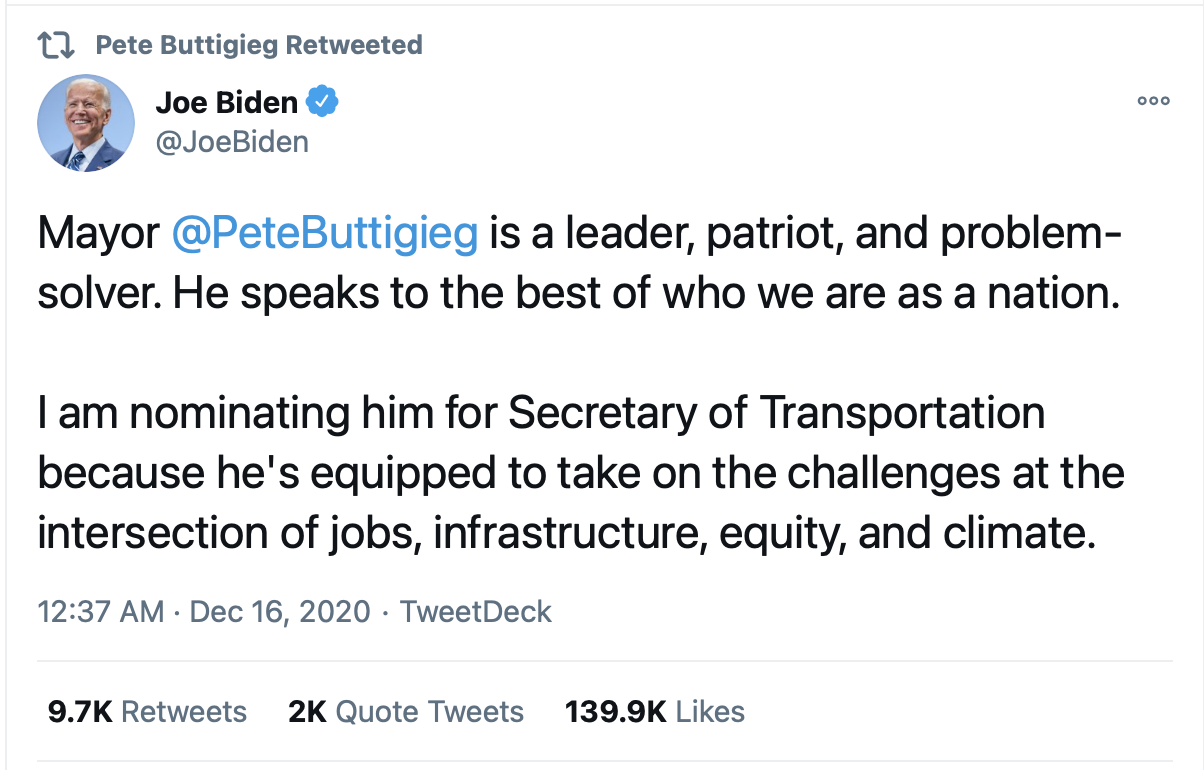 Joe Biden picks Pete Buttigieg as transportation secretary