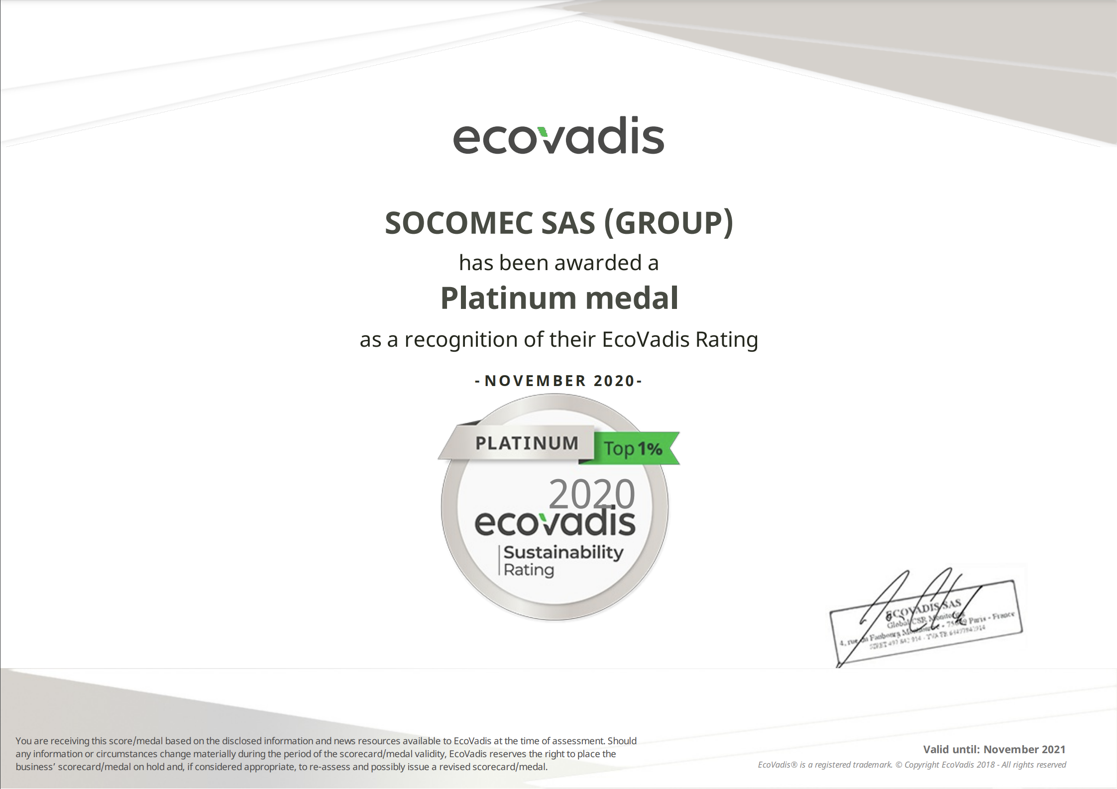 Socomec EcoVadis Certification