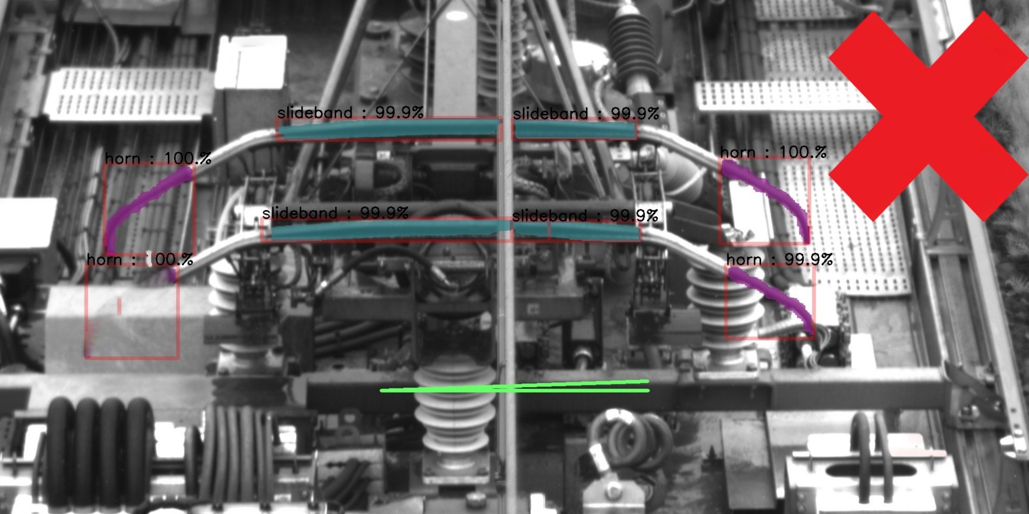 The embedded artificial intelligence coupled with image processing on a deep learning basis monitors the detected pantographs for compliance and locates faults. The process entails locating and detecting the presence of all horns and the location of contact strips. Moreover, it verifies that the pantograph is perpendicular to the train’s axis. In this image the state of the pantograph is satisfactory.