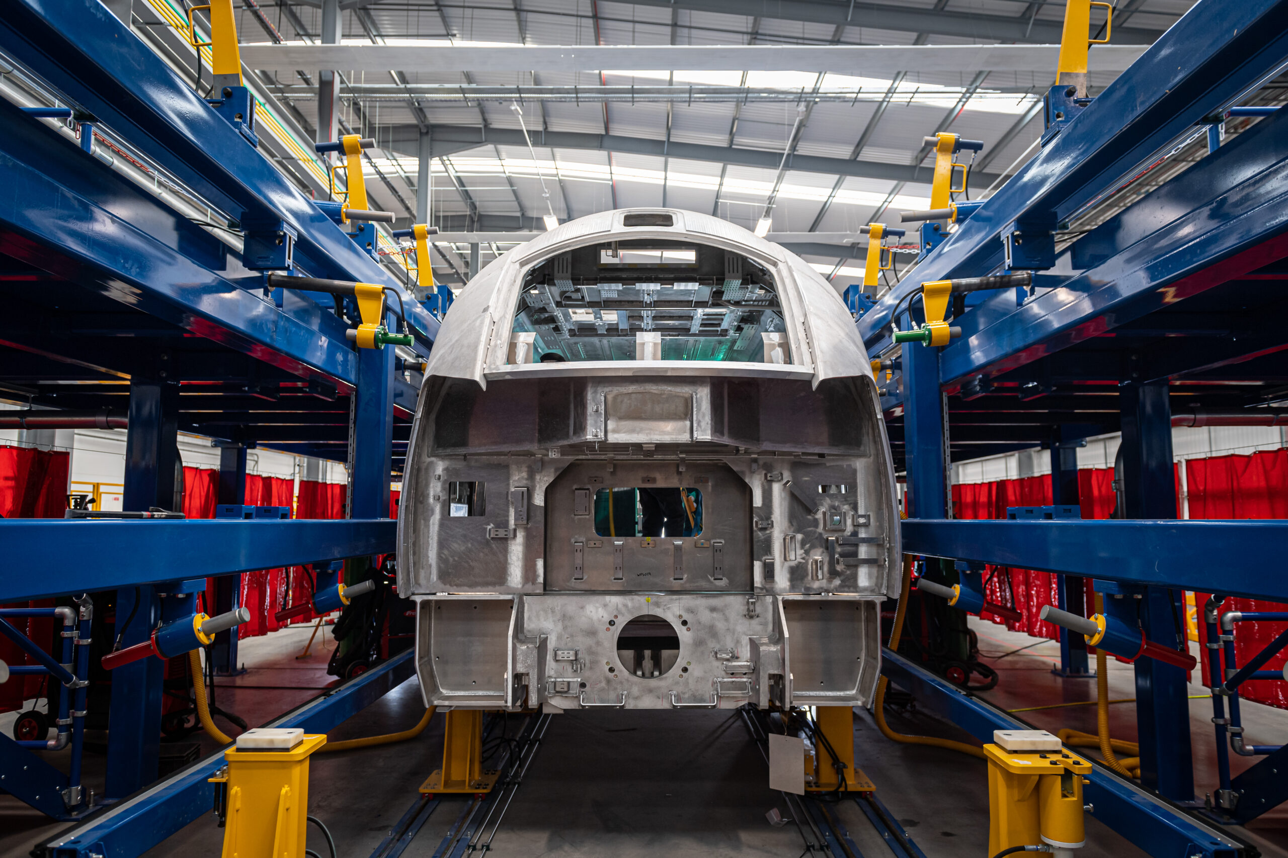 General view of a train shell the Weld Workshop at Hitachi Rail, Newton Aycliffe