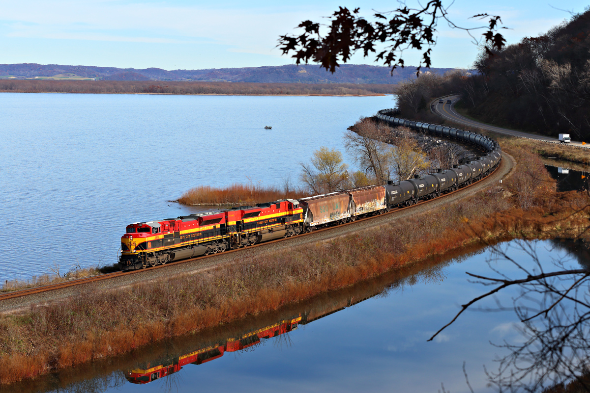 Kansas City Southern locomotive hauls freight cars in Minnesota