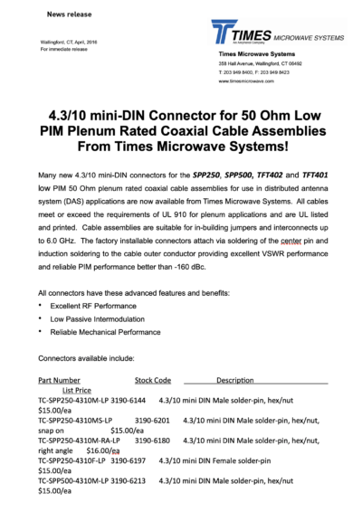 4.3/10 mini-DIN Connector for Coaxial Cable Assemblies