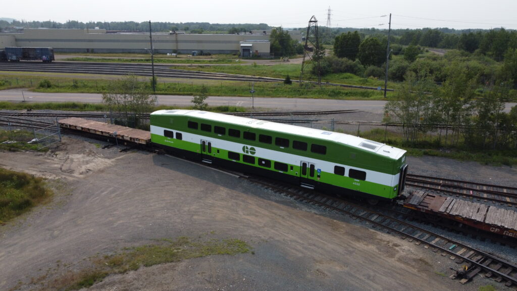 The last of 36 new Canadian-made GO train coaches sitting at Alstom’s plant in Thunder Bay. 