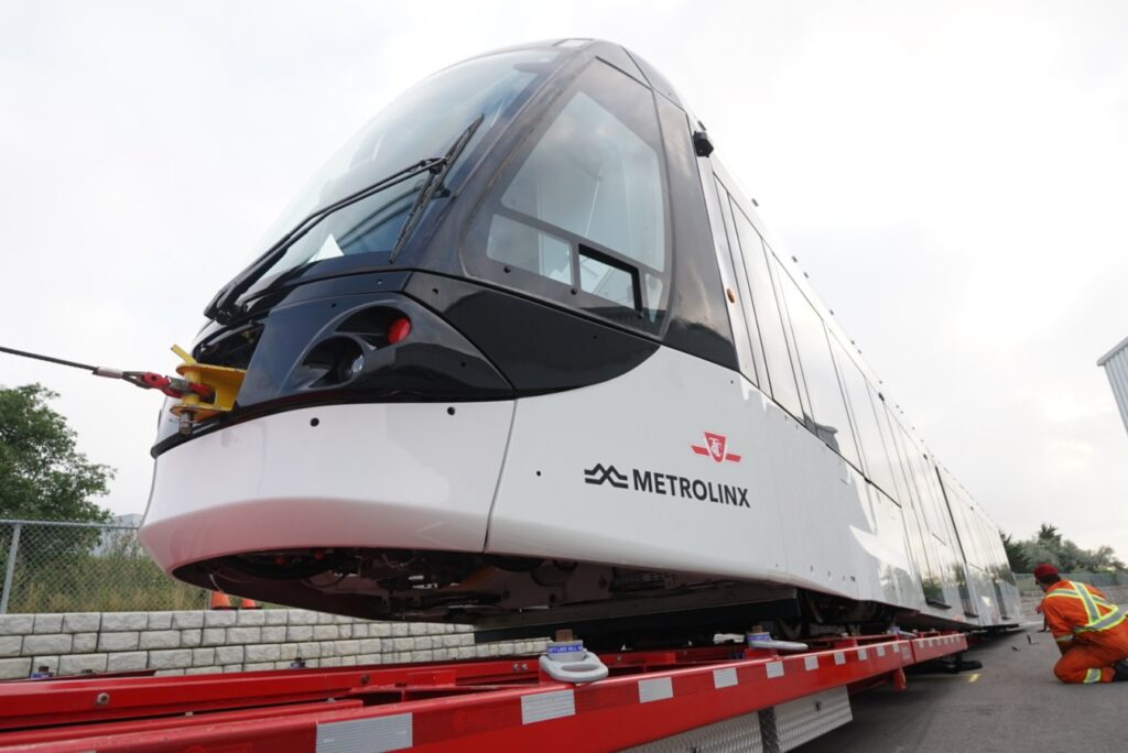 LRV moves from Alstom plant to the the Finch West Maintenance and Storage Facility, Toronto.