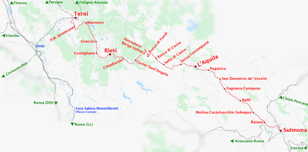 Route of the Terni-Rieti-L'Aquila-Sulmona railway (red line), in central Italy.