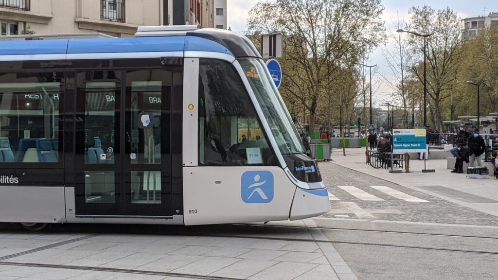 Citadis X05 Alstom tramway in commercial service in Vitry-Sur-Seine, France - April 2021