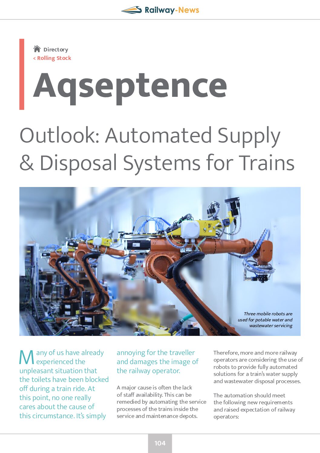 Aqseptence – Outlook: Automated Supply and Disposal Systems for Trains