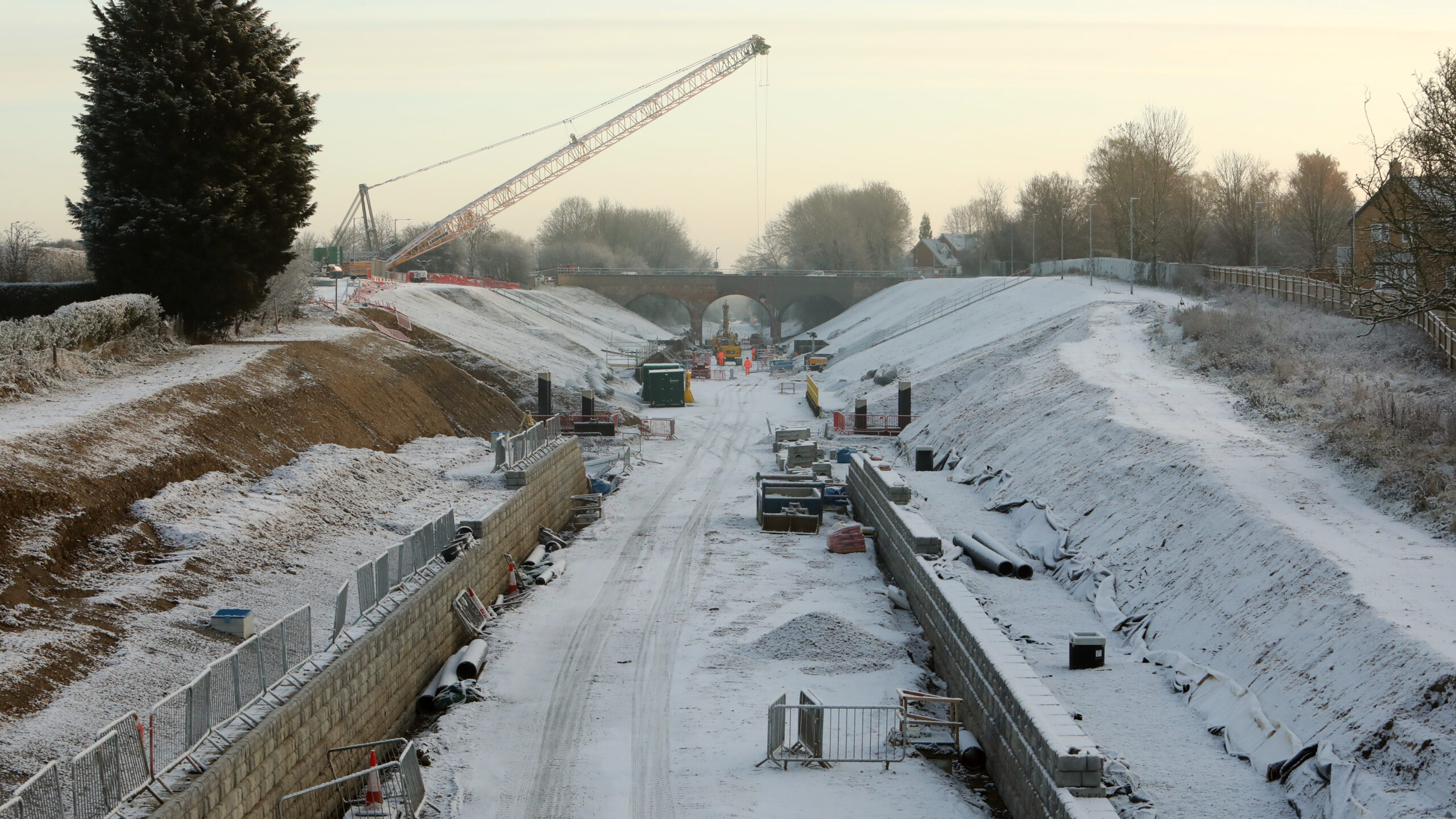 Platform foundations being laid in the snow at Winslow station as part of the East West Rail project