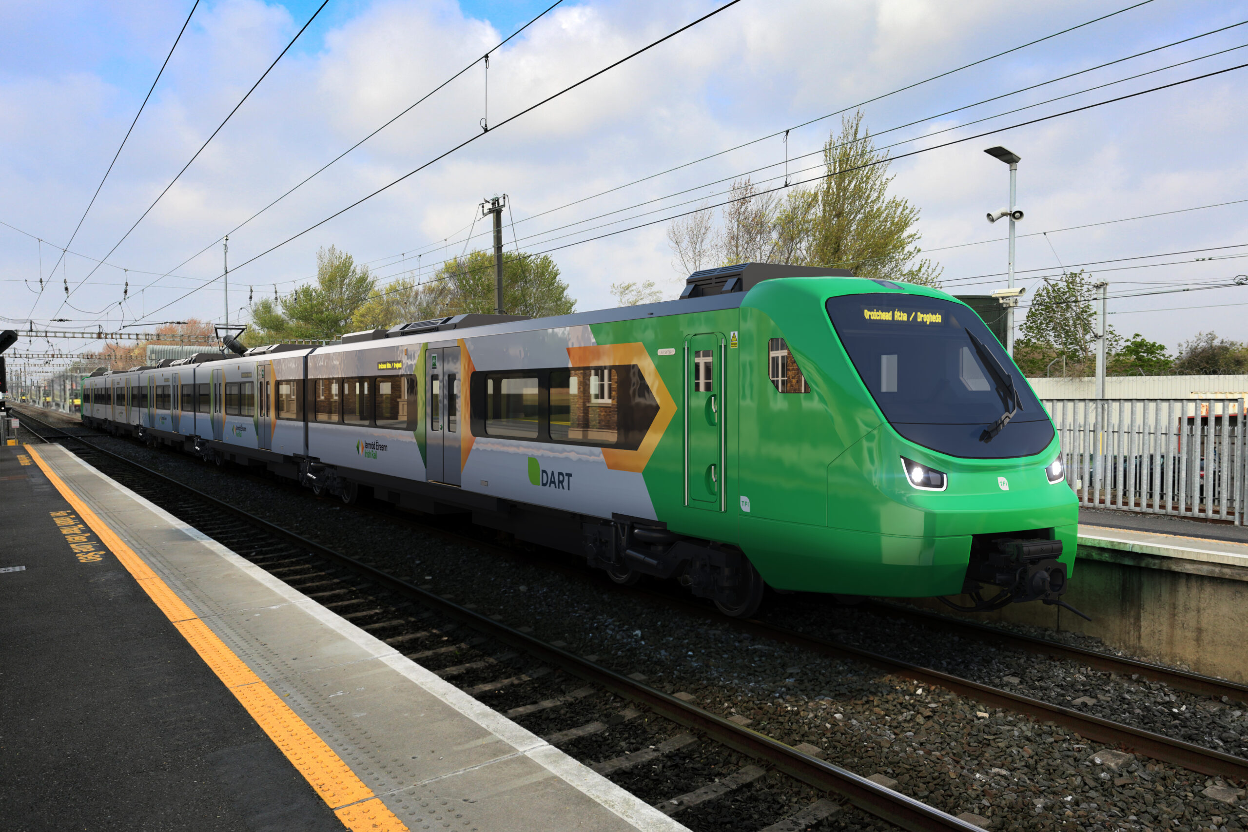 A Dart train at Clontarf Road railway station, Dublin City, Republic of Ireland