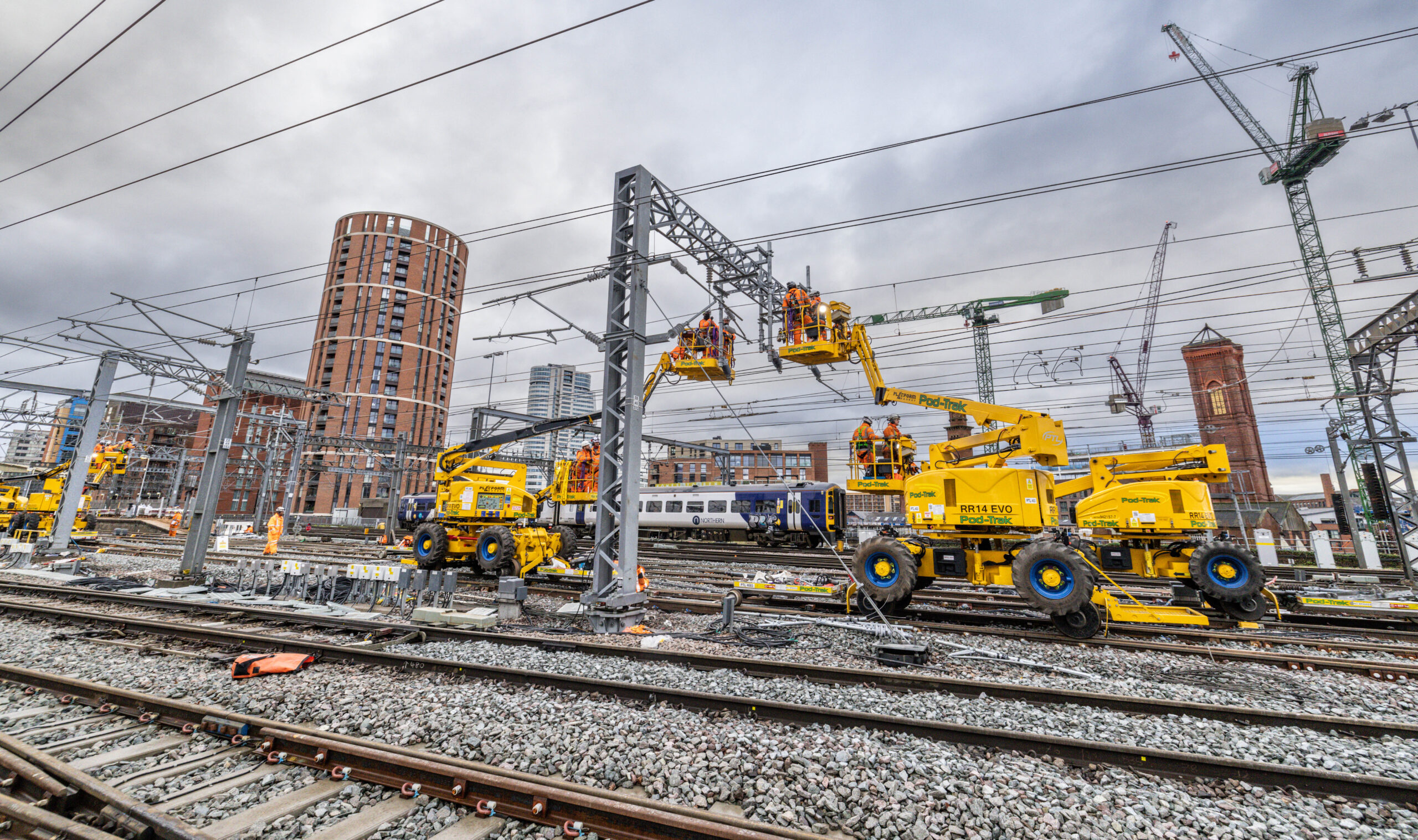 Overhead wires being installed at Leeds