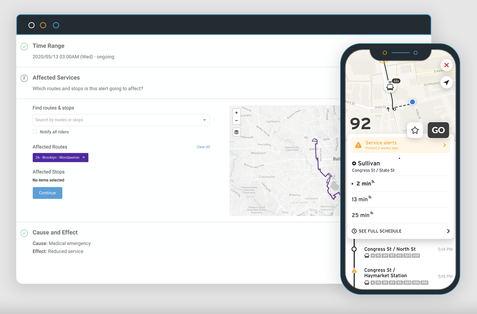 Rider Alerts enables agencies to seamlessly publish timely and accurate information across multiple platforms for passengers about changes to service, such as stop adjustments, detours, and delays.