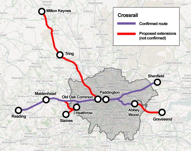 Crossrail route and some possible extensions