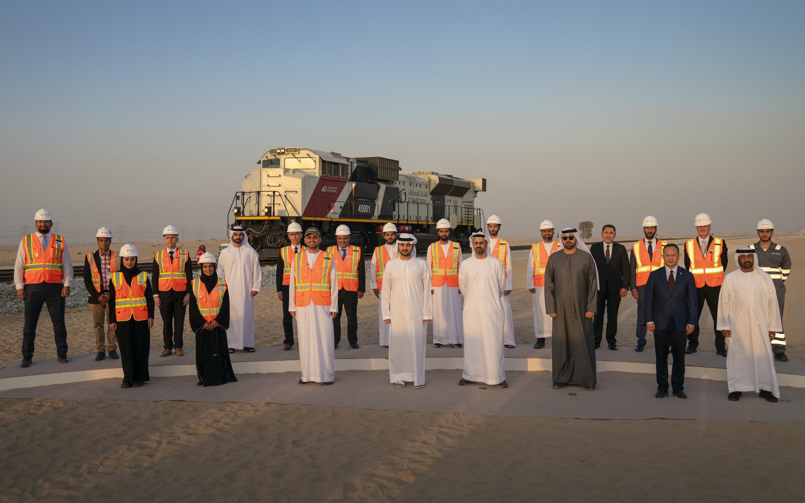 A ceremonious event: the final piece of track is laid on the railway line connecting Abu Dhabi and Dubai