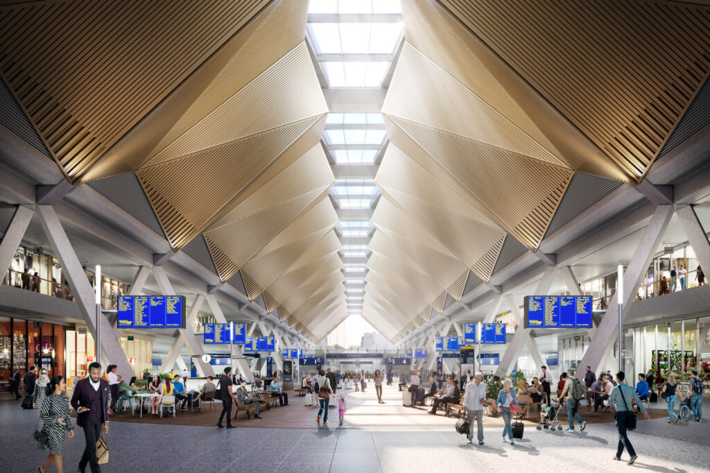 CGI of the interior of HS2 Euston Station, looking to the south.