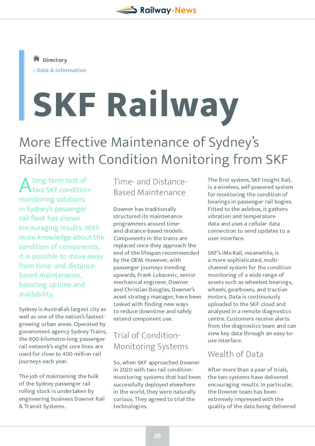 More Effective Maintenance of Sydney’s Railway with SKF Condition Monitoring