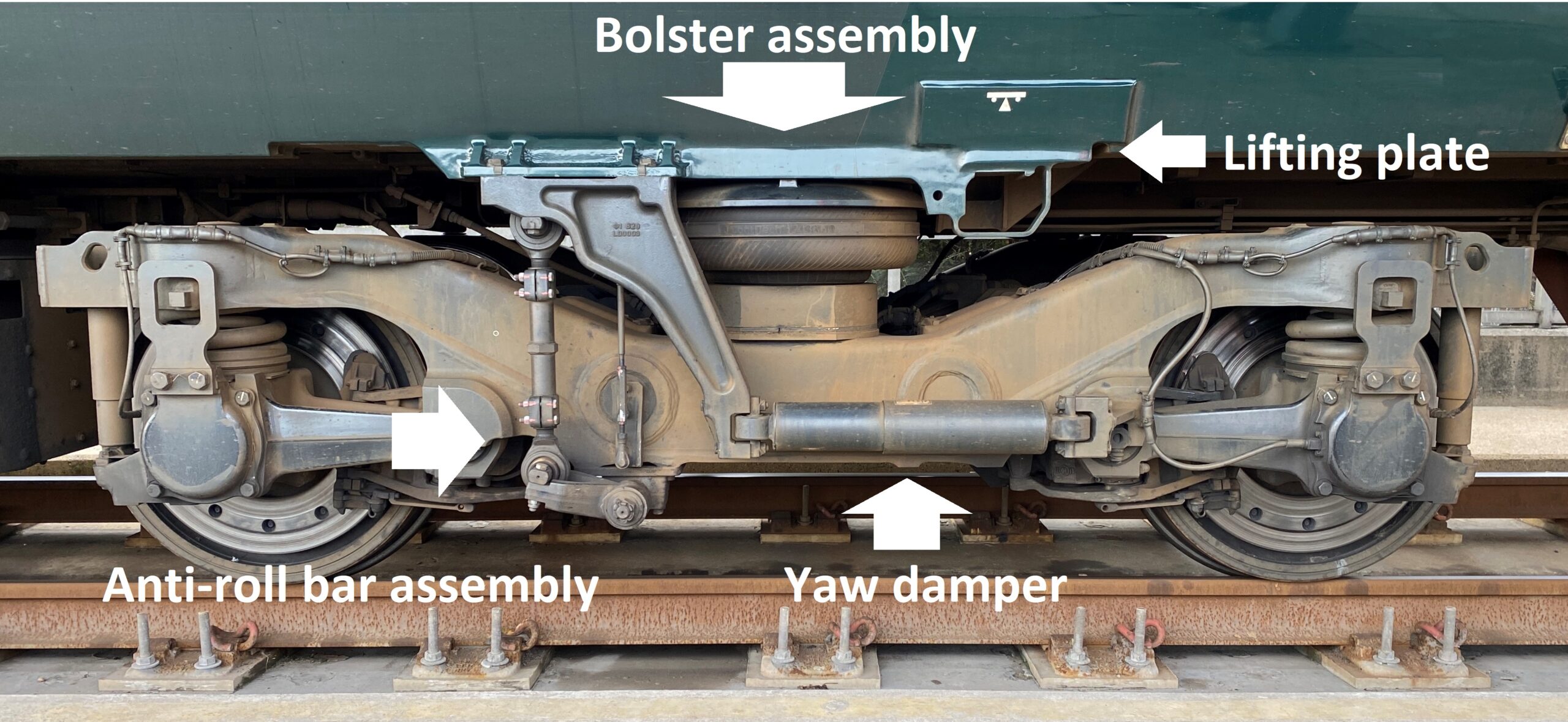 Annotated picture of a Class 80X bogie