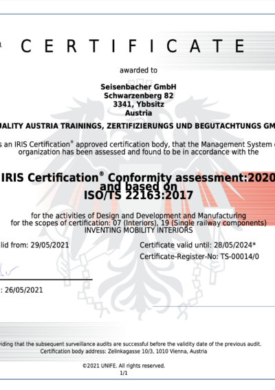 Seisenbacher GmbH: IRIS Certification Conformity Assessment Certificate