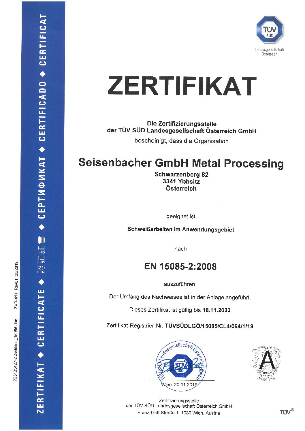 Seisenbacher GmbH: Welding Work According to EN 15085-2:2008