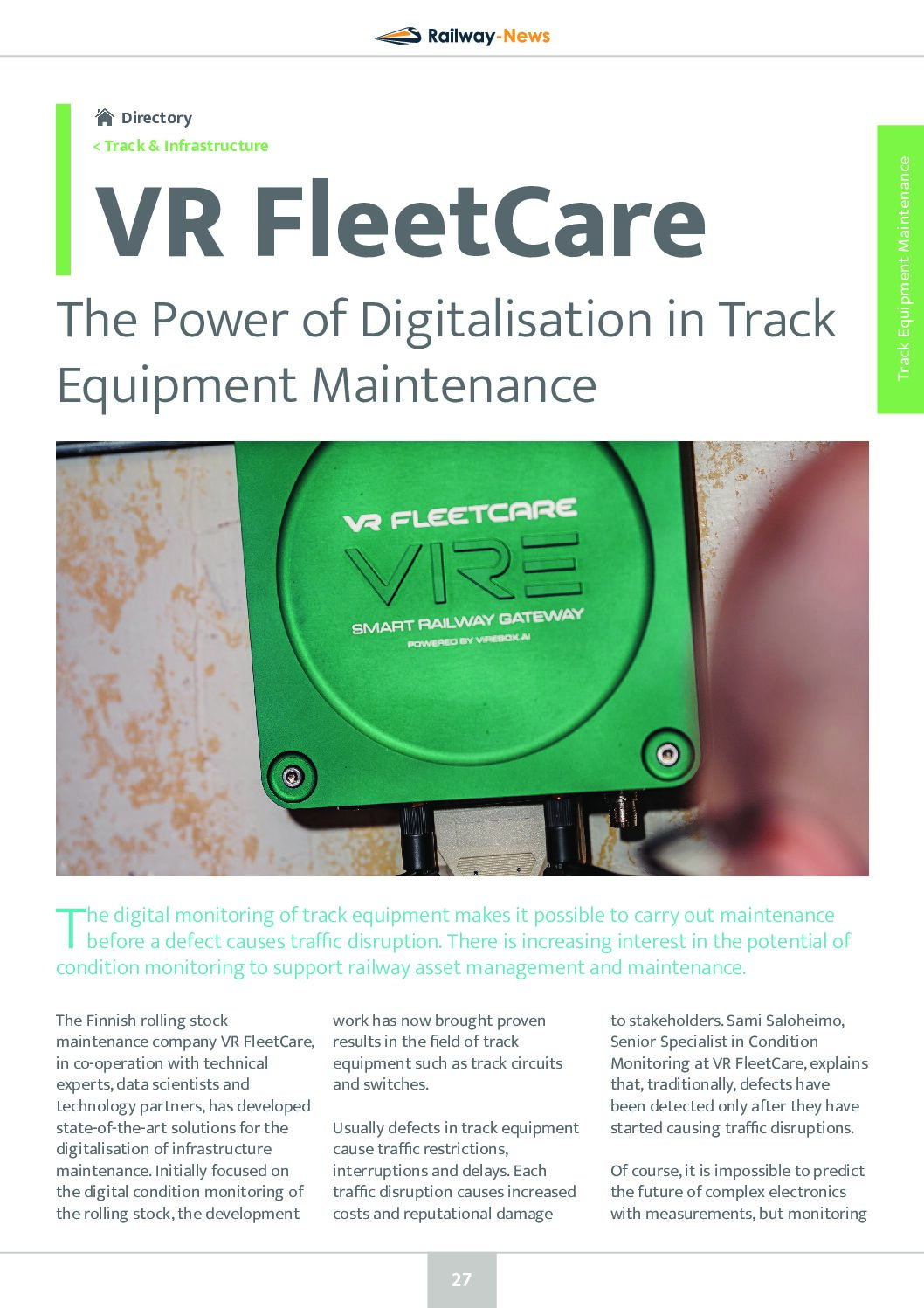 VR FleetCare – Digitalisation in Track Equipment Maintenance