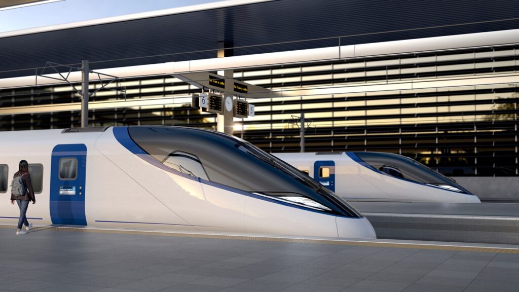 Artists impression of an HS2 train at a platform