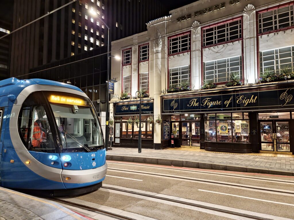 A tram test on Broad Street ahead of passenger services launching