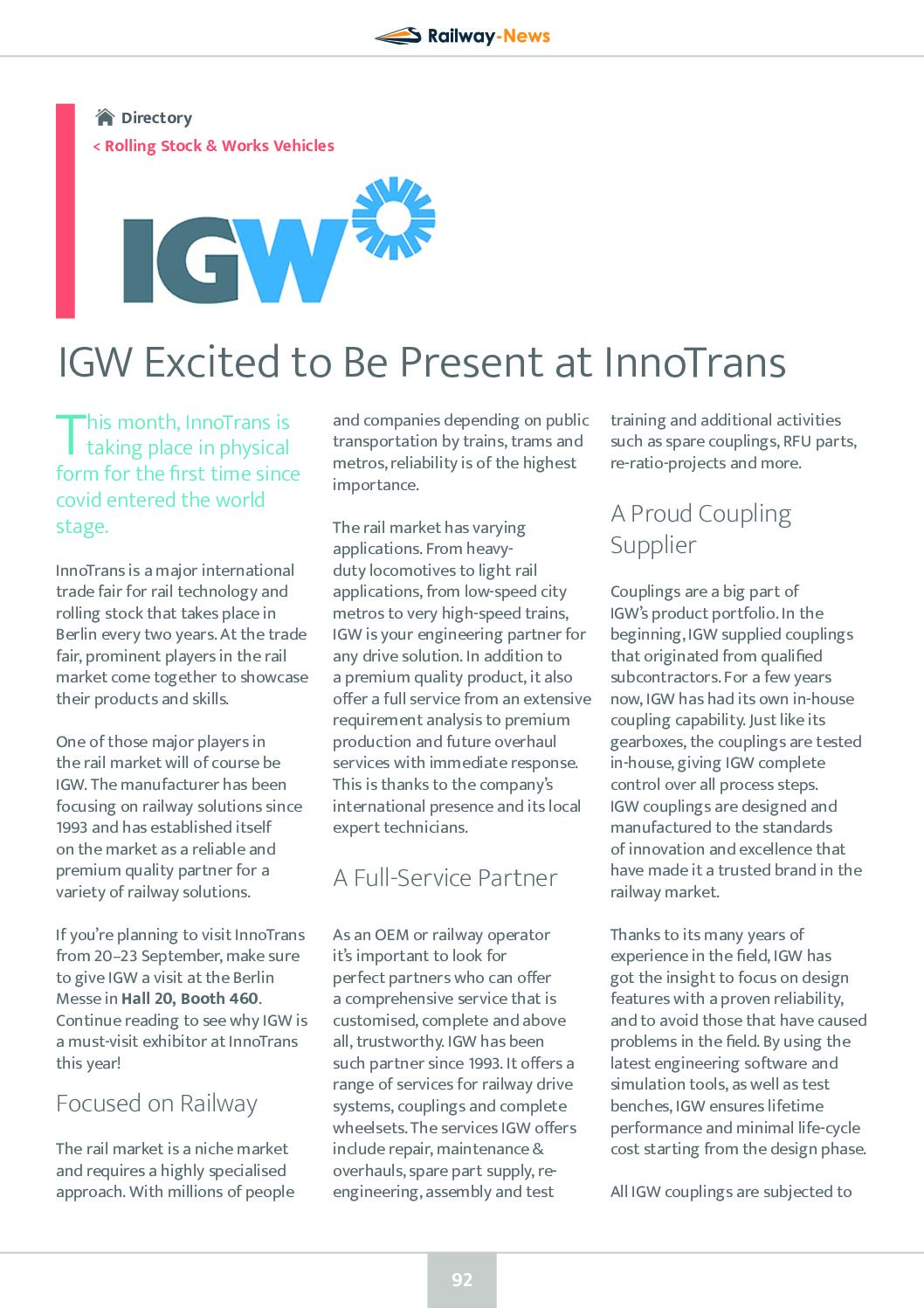 IGW: Excited to Be Present at InnoTrans