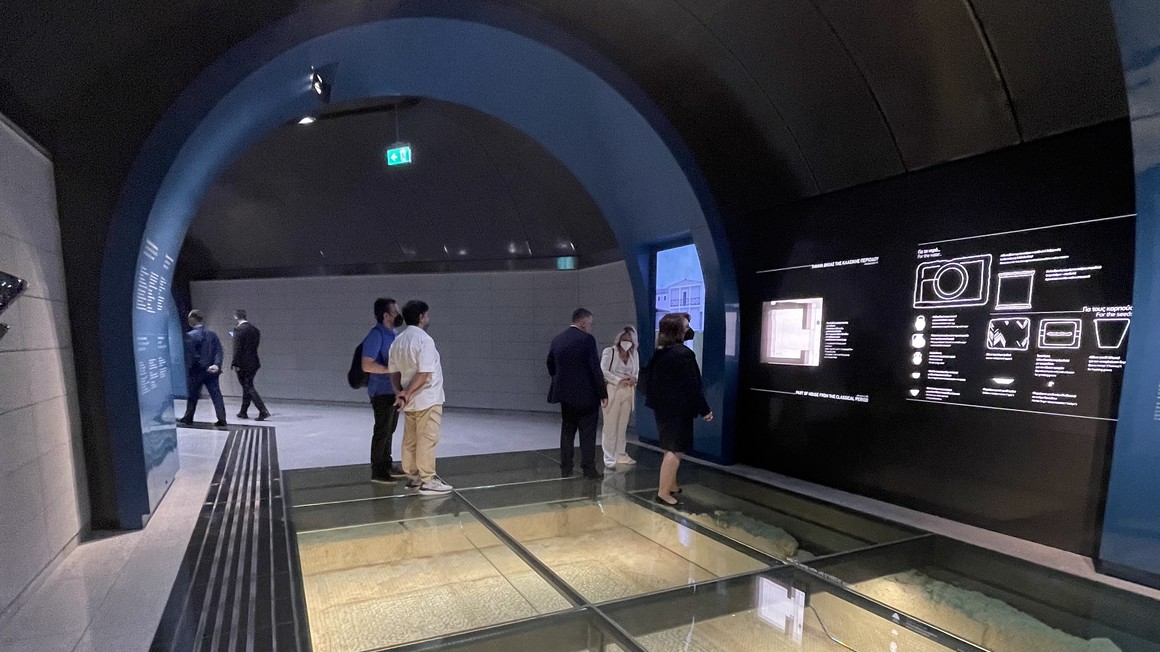 Athens Line 3 Extension - Piraeus National Theatre station with ancient artefacts.