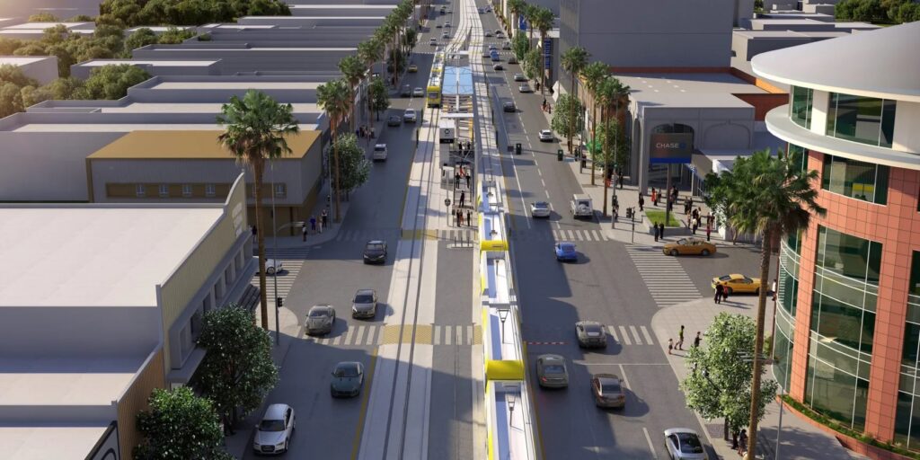 Aerial rendering of the rail line on Van Nuys Boulevard at Victory Boulevard.