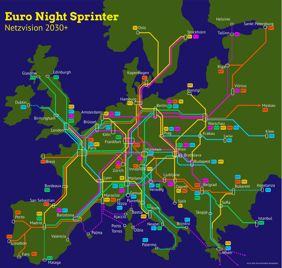 The German Green Party's map of its ideal Europe-wide night train network