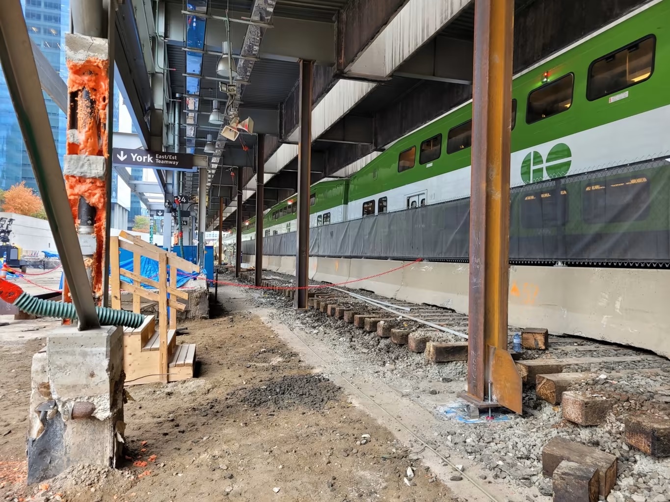 Newly installed structural steel supports along the south side of the heritage trainshed.