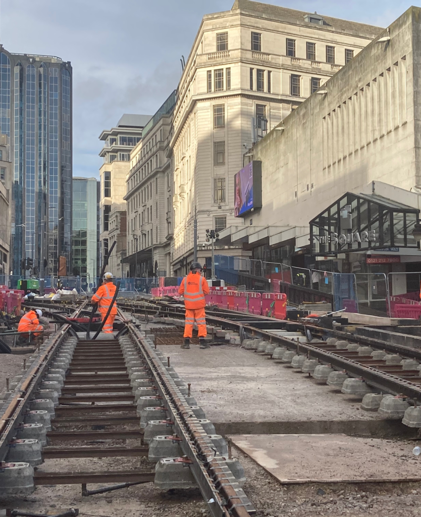 First section of rail installed in Lower Bull Street for Birmingham Eastside Metro extension