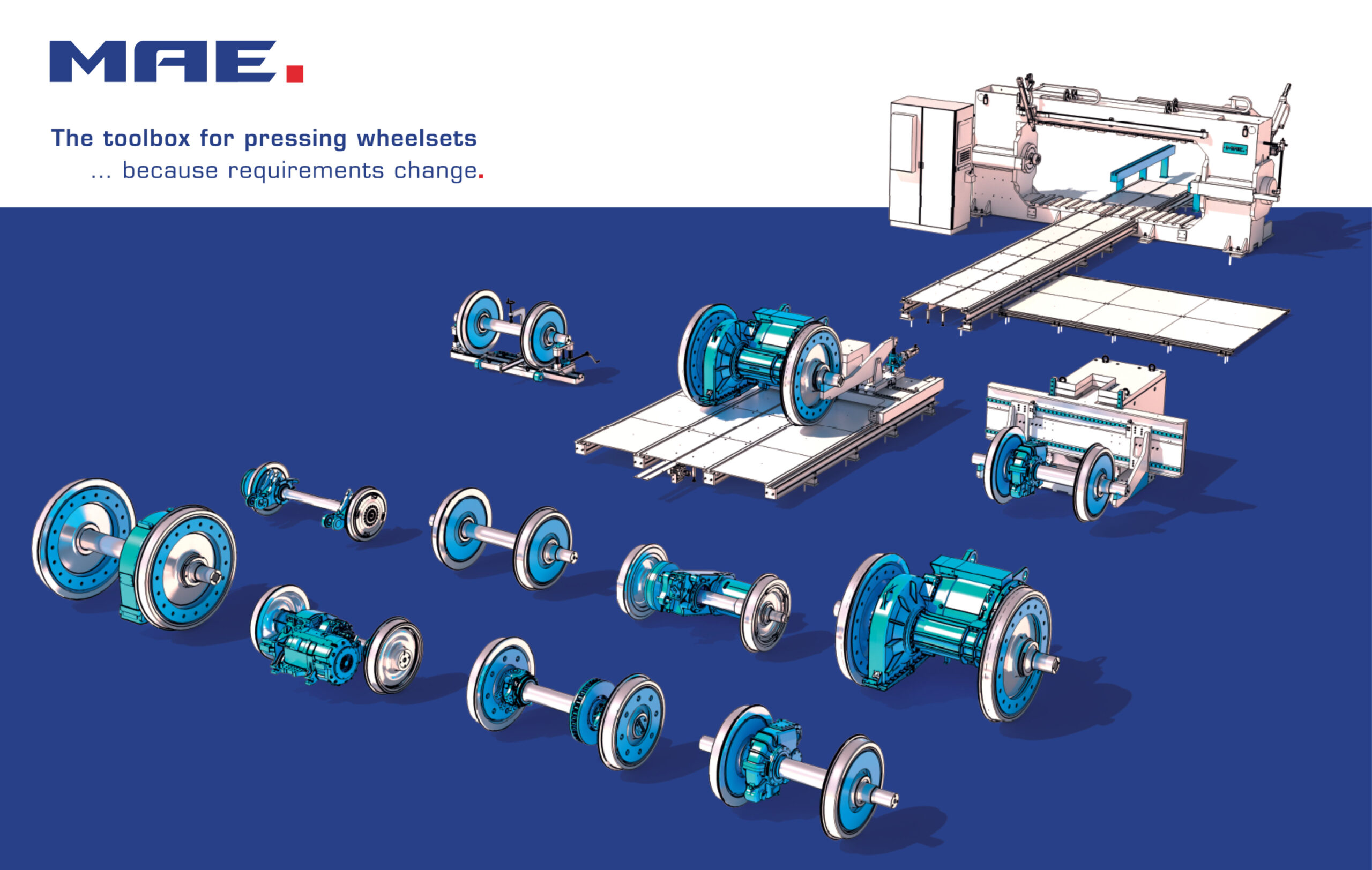 Illustration of wheelset press extensions to meet requirements of different wheelset types
