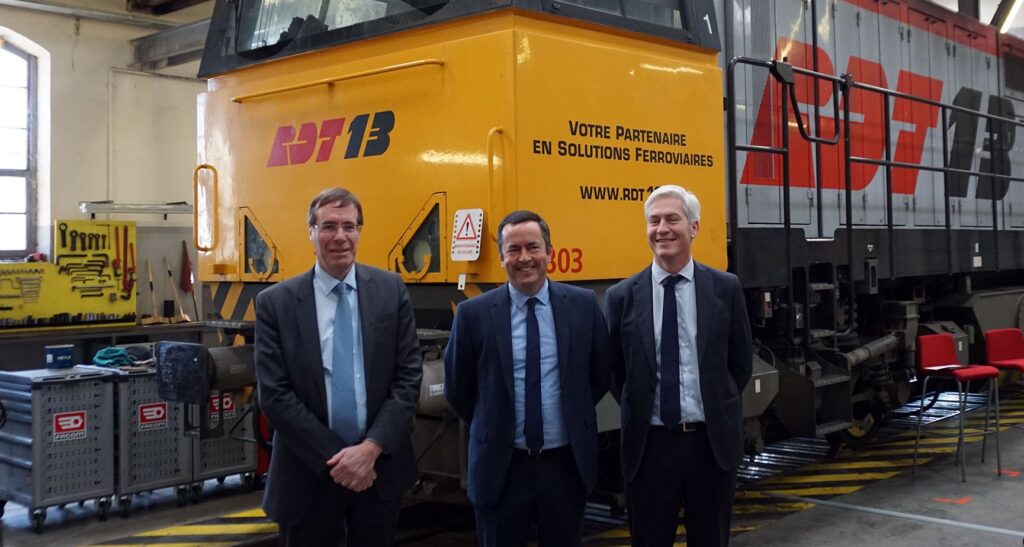 L-R: Frederic Delorme, President Fret SNCF, Paul Silou, CEO RDT13 and Lilian Leroux, President of Wabtec Transit.