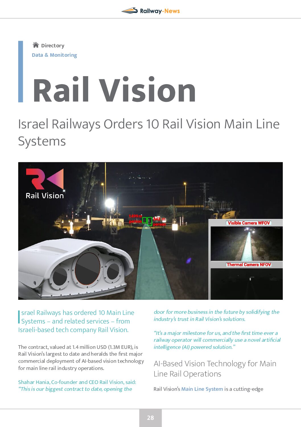 Israel Railways Orders 10 Rail Vision Main Line Systems