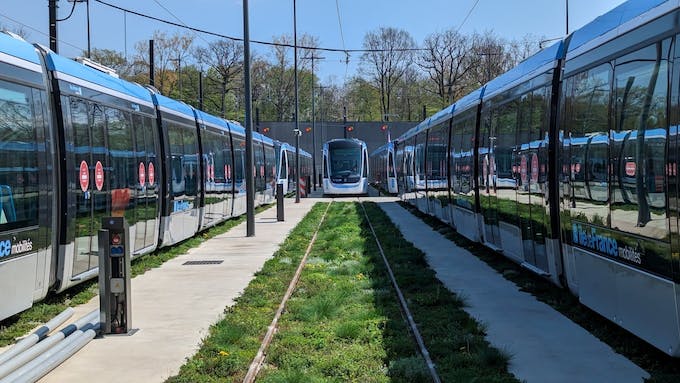 T10 tramway trains parked at the Châtenay-Malabry maintenance and storage site