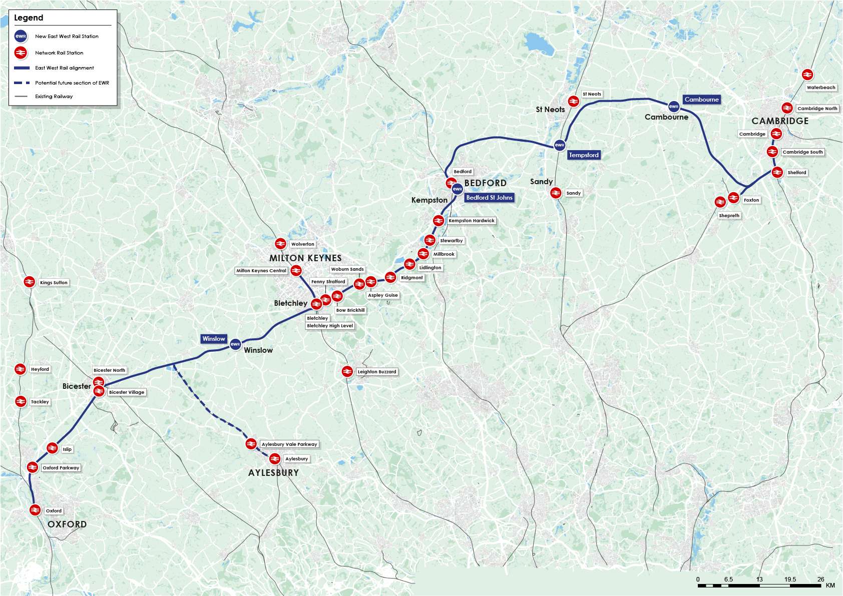 The latest map of the proposed East West Rail route