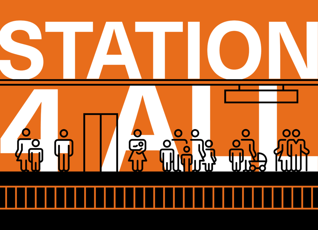 Illustration of people lining up at a train station