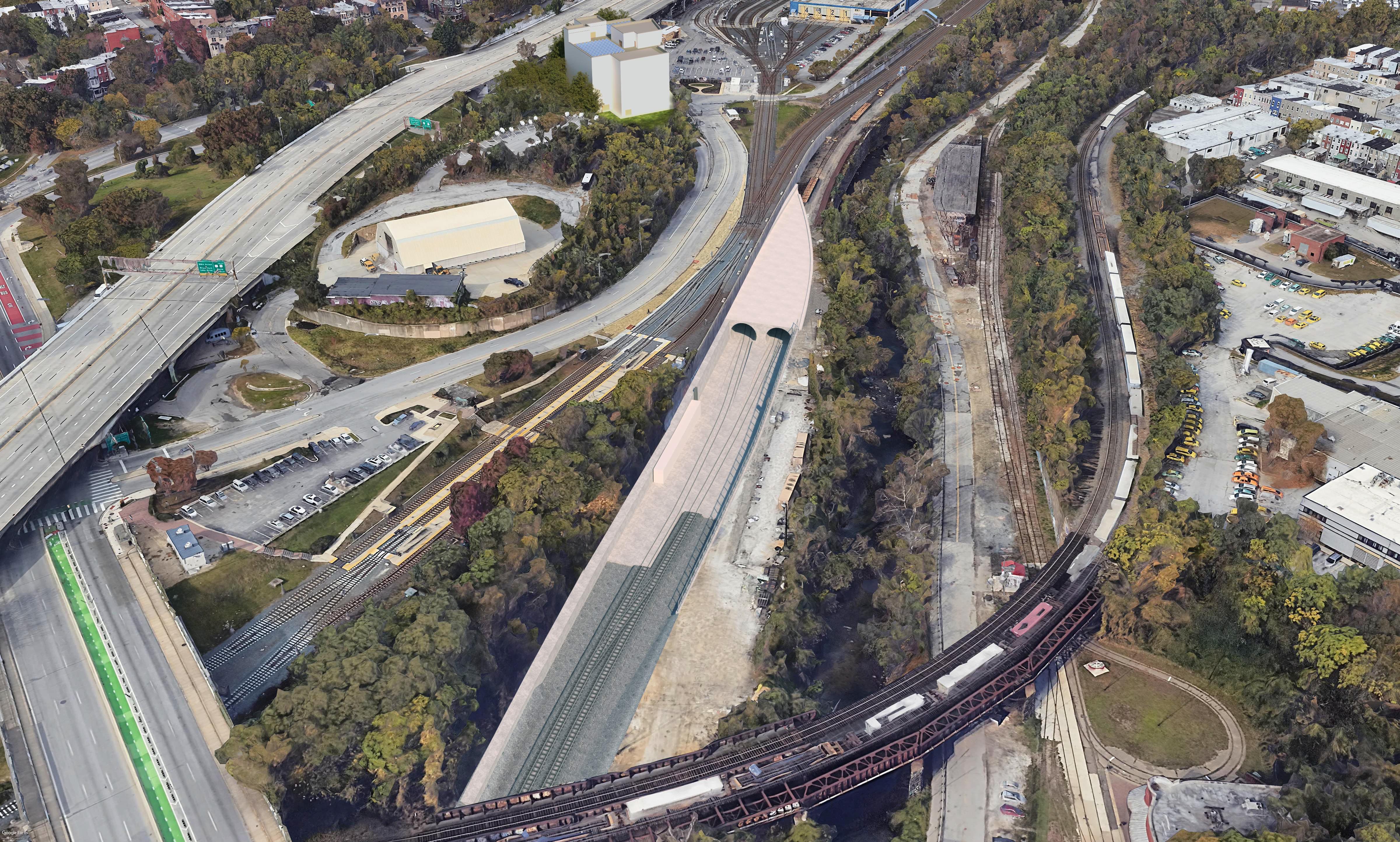 An aerial view of the new tunnel's north portal