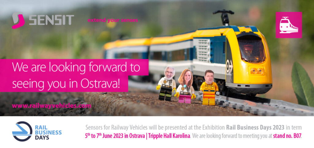 An advertisement for Sensit s.r.o.'s involvement in Rail Business Days 2023 showing the team as lego people