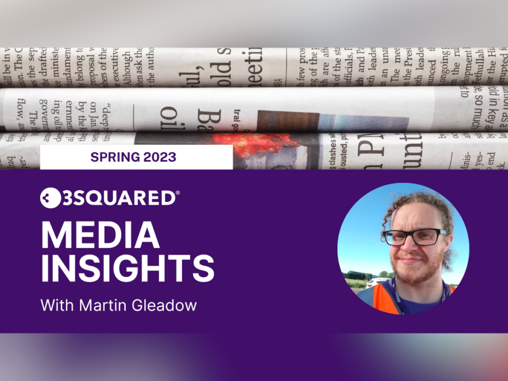 A purple banner reading "3Squared Media Insights with Martin Gleadow" and a circular image of a smiling man with glasses