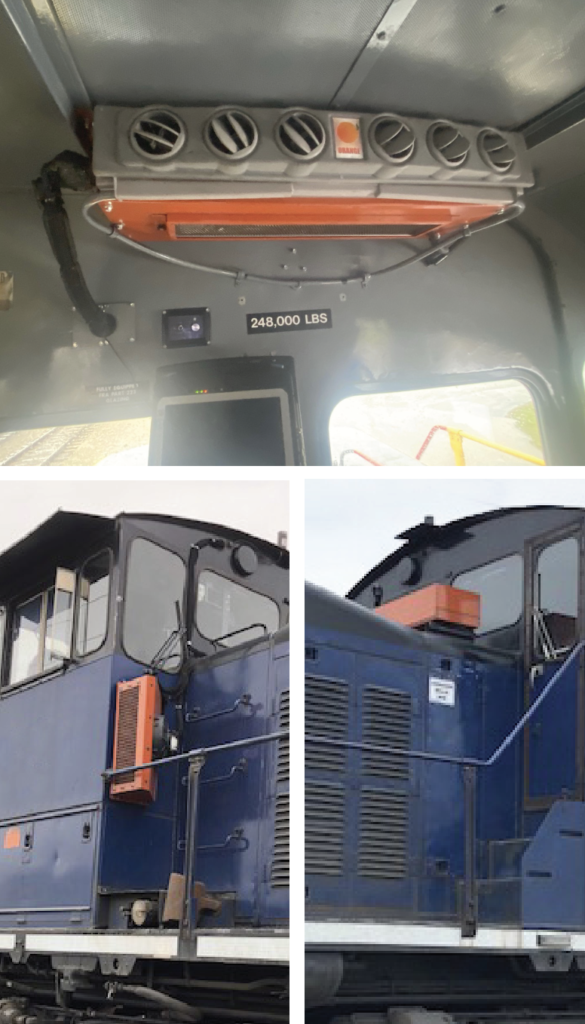 A collage of photos showing the installation of the orange locomotive AC