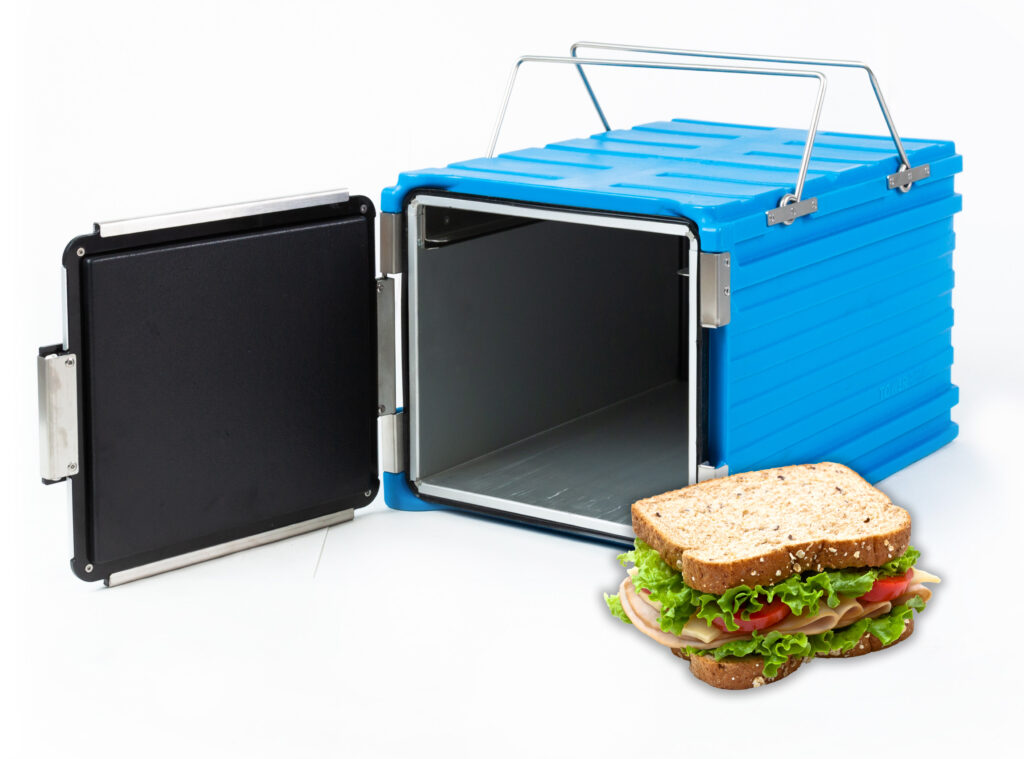 An image showing a Tower Cold Chain catering container with a turkey salad sandwich