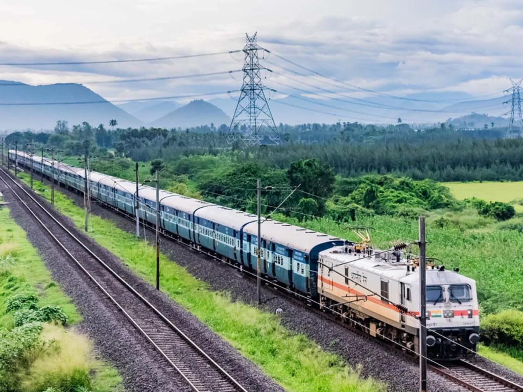 A yellow train on a track